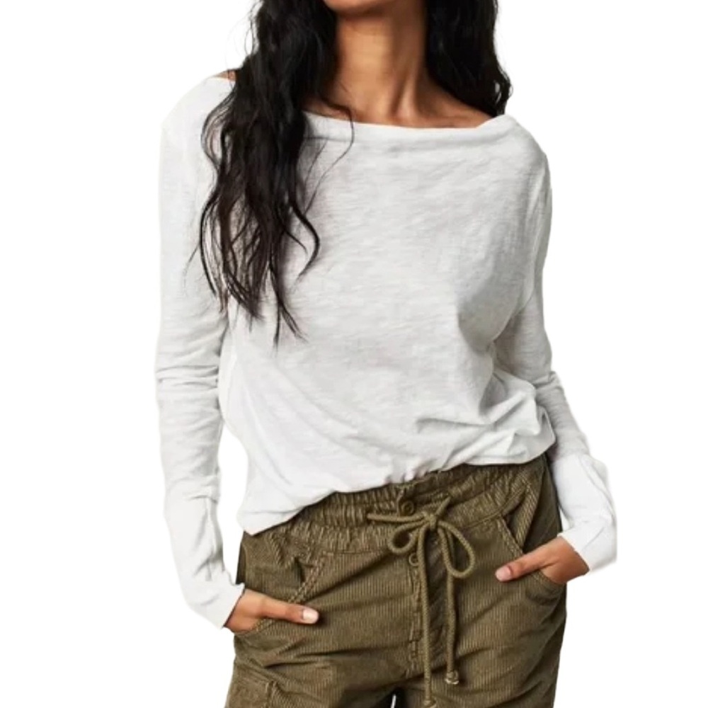 Free People Kimmi Long Sleeve Top White Pullover Off Shoulder L/S Sz XS NWOT